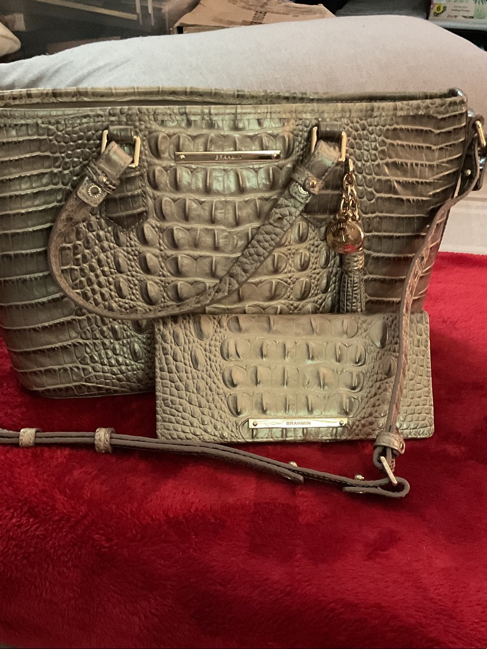 Brahmin Medium Asher & Wallet Gray Ombré Croc Leather Retail $550 EUC